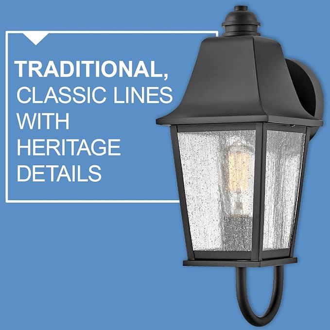 Hinkley Kingston Single Light Wall Mount Outdoor Lantern - Oversized Sweeping Roof & Bottom Arm, Aluminum, Clear Seedy Glass - Black Finish