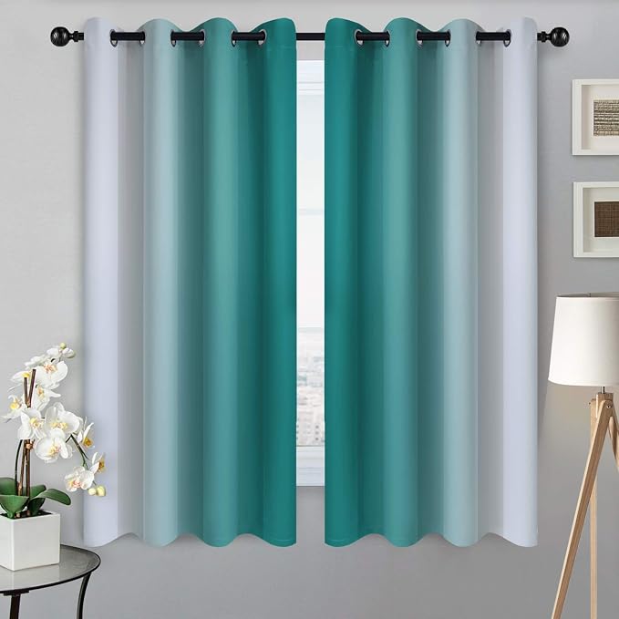 SimpleHome Ombre Teal to Grey White Curtains - Image 2