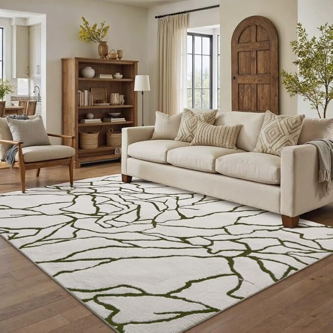 Cream 4x6 Area Rug for Kids Room Soft Fluffy Checkered Shag Carpet | Machine by PureCozy