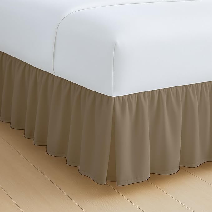 Rajlinen Ruffled Bed Skirt Full, 12 Inch Drop Dust Ruffle with Split Corners, 100% Microfiber Bedskirt with Platform, Three-Sided Coverage Ruffled Gathering Design, Taupe