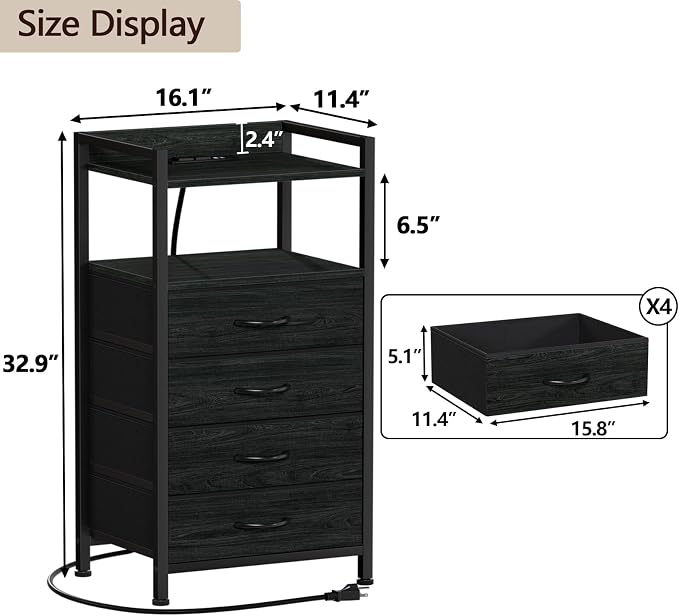 Night Stand with Charging Station, Tall Bedside Table - Image 3