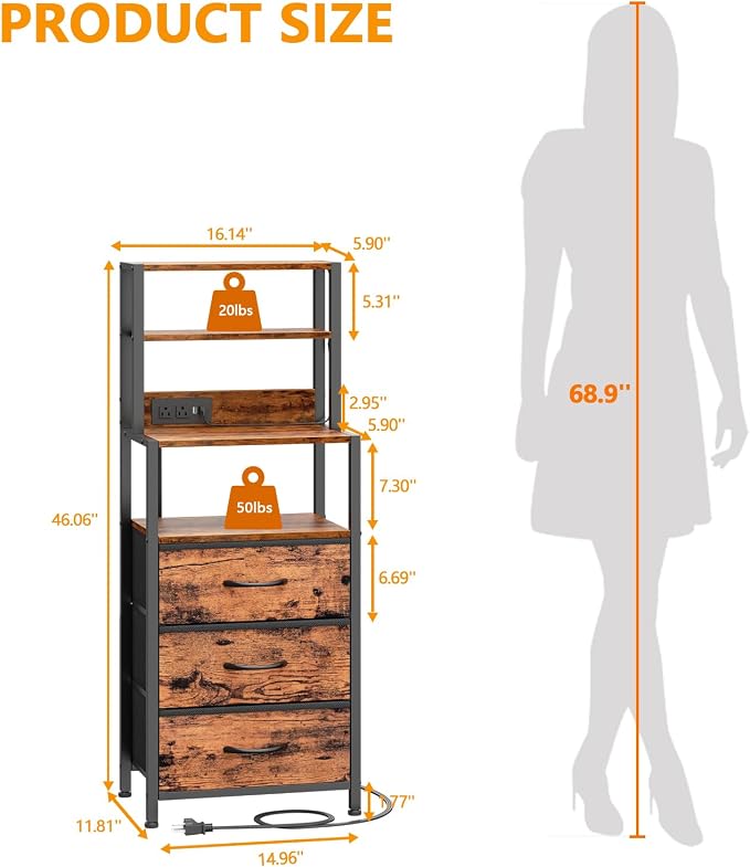 Night Stand with Charging Station, Tall Nightstand, LED Lights | 4-Tier Shelves - Image 2