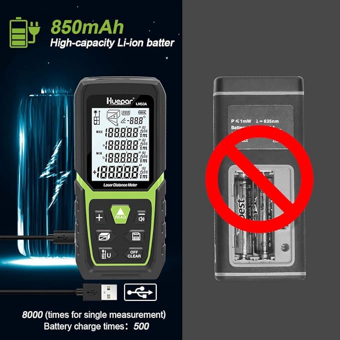 Huepar Laser Distance Measure 165Ft with Li-ion Battery & Electric Angle Sensor, Backlit LCD Laser Measure Ft/in/M with High Accuracy Multi-Measurement Modes, Pythagorean, Distance, Area&Volume-LM50A