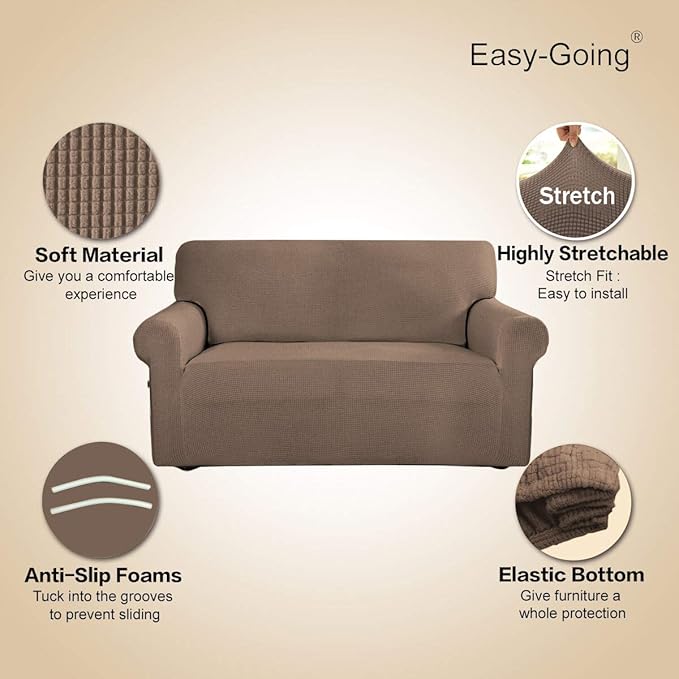 Easy-Going Stretch Oversized Sofa Slipcover 1-Piece Sofa Cover Furniture Protector Couch Soft with Elastic Bottom for Kids, Polyester Spandex Jacquard Fabric Small Checks Camel