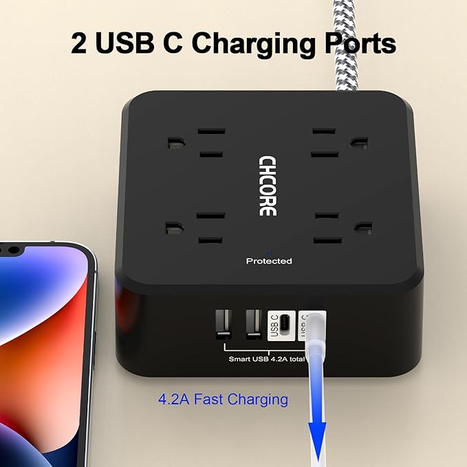 Surge Protector Power Strip - CHCORE 20Ft Braided Extension Cord with 8 Outlets with 4 USB (2 USB C) Charging Ports, Flat Plug Multi Plug Outlet Extender Charging Station for Home Office, ETL, Black