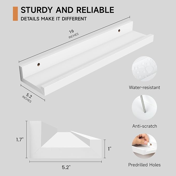 Floating Picture Ledge Shelves Set of 2, 16 Inch Solid Wood Wall Shelves - Image 2