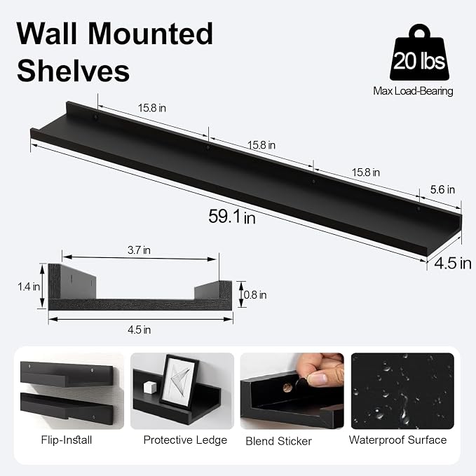 Black Floating Shelves for Wall Decor, 60 in Shelf - Image 3