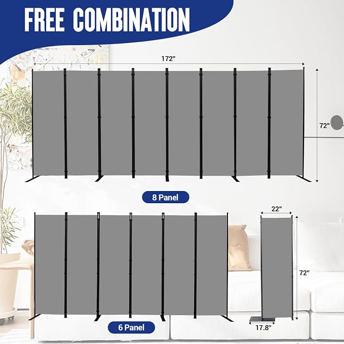 8 Panel Folding Privacy Screen, 14.67ft Wide Partition Room Dividers Panel | - Image 5