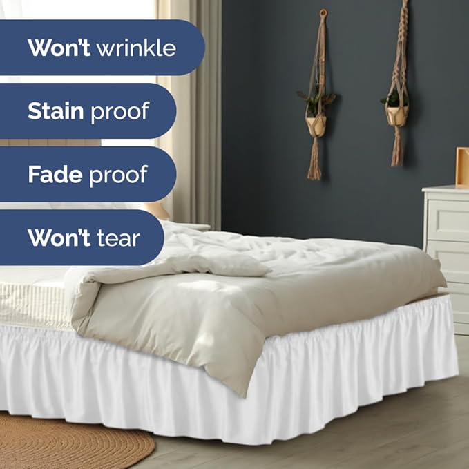 Wrap Around Dust Ruffle Bed Skirt - White - for King Size Beds with 18 Inch Drop - Easy Fit Elastic Strap - Adjustable Pleated Bedskirt w/Brushed Fabric - Wrinkle Free - for Women, Men, Kids & Teens