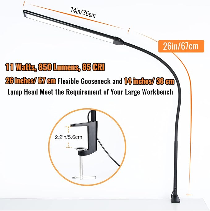 LED Desk Lamp with Clamp, Clamp Light, Tall Desk Lamp with Long Gooseneck - Image 2