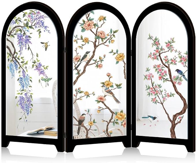 Mini Folding Screen, 3 Panel Divider, Chinese Style Vintage Desktop Mirror by KABAKE