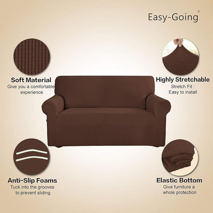 Easy-Going Stretch 4 Seater Sofa Slipcover 1-Piece Sofa Cover Furniture Protector Couch Soft with Elastic Bottom for Kids, Polyester Spandex Jacquard Fabric Small Checks Coffee