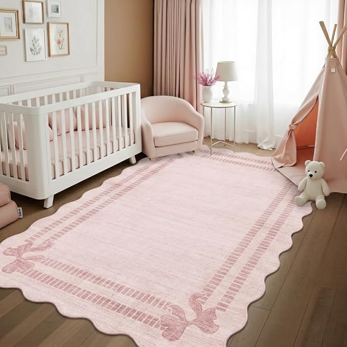 Latte&Fog Girls Bedroom 5x7 Pink Rug, Scalloped Bow Area Rugs Living Room | Non - Image 4