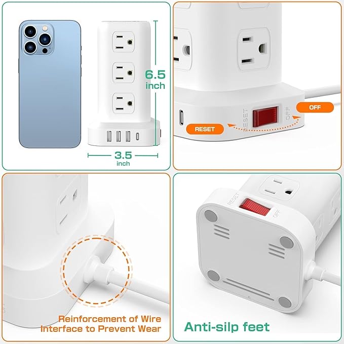 Tower Surge Protector Power Strip with USB 12 Outlets with 4 USB Ports (1 USB C), 10FT Extension Cord Multi Plug Outlet Extender Overload Protection for Home Office
