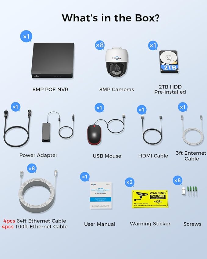 [4K+360° View] Hiseeu 4K PoE Security Camera System, 8Pcs 8MP PoE PTZ Wired Camera Outdoor, Human Vehicle Detect, 2-Way Audio, Color Night Vision, 16CH Expandable, 2TB HDD for 24/7 Home Surveillance