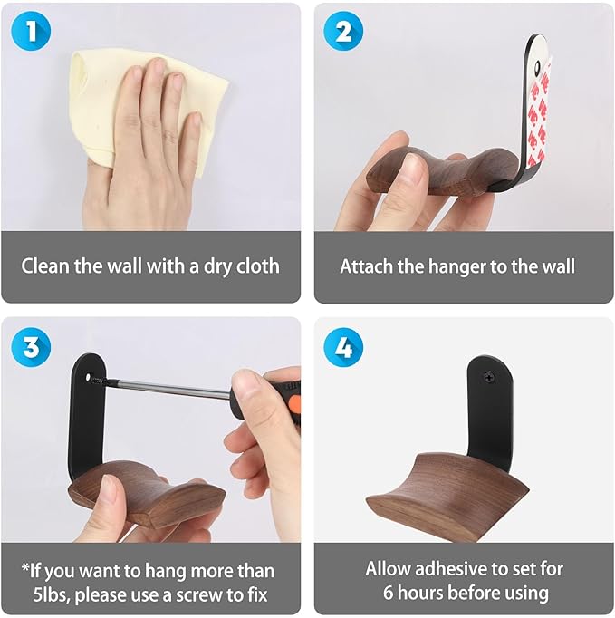 Mt.Jun Wood Headphone Wall Mount Holder, with VHB Adhesive Tape and Screw, Holds 10 lbs (Black & Walnut Wood, 2 Pack)
