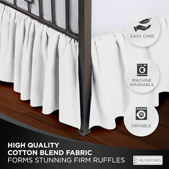 BLISSFORD White Bed Skirt Twin XL Size 21 inch Drop - with Split Corners - Cotton Blend Ruffle Bed Skirt, Dust Ruffle with Platform, White Bedskirt, Machine Washable
