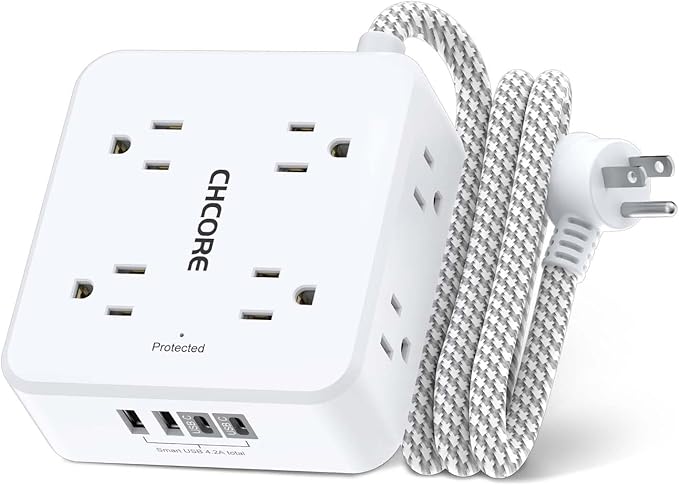 Surge Protector Power Strip - CHCORE 5Ft Braided Extension Cord with 8 Outlets with 4 USB (2 USB C) Charging Ports, Flat Plug Multi Plug Outlet Extender Charging Station for Home Office, ETL, White