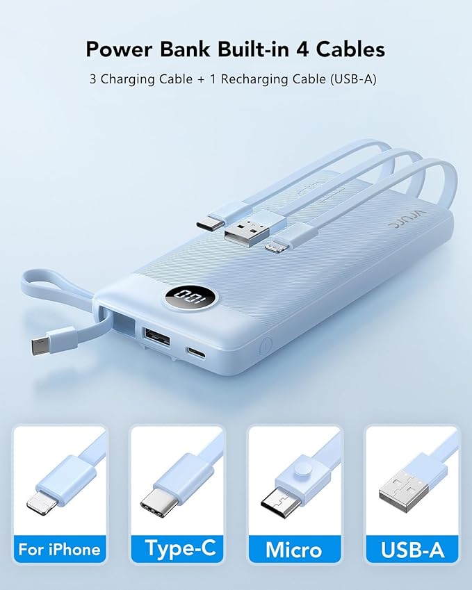 VRURC 10000mAh Power Bank Built-in Cables, Portable Charger with LED Display, Slim Travel Battery Pack with Cords, 5 Output Dual Input Phone Charger for Cell Phone Smart Devcies-Blue(1 Pack)