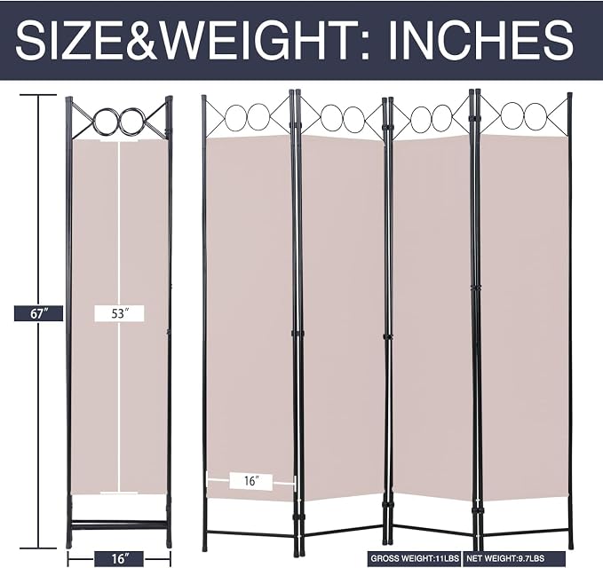 Room Divider 4 Panels 6FT Room Divider Tan Wall Divider - Image 2
