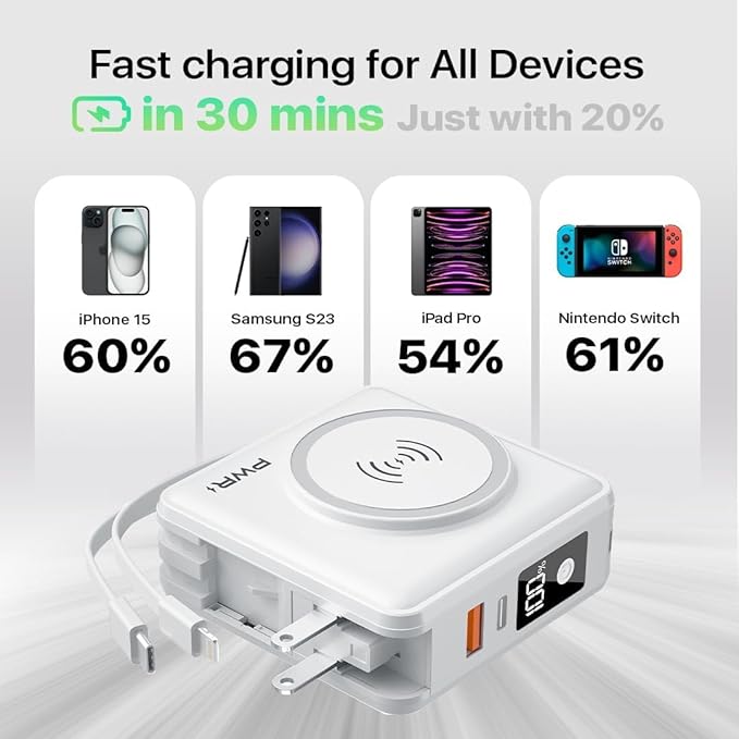 PWRMobile PWR Travel PRO 5-in-1 Power Bank – 10,000mAh with Built-in Cables – 20W USB-C + 15W Wireless Charging – Compact Portable Charger for iPhone & Android - White