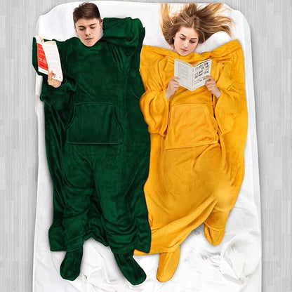 PAVILIA Fleece Blanket with Sleeves, Foot Pockets for Women Men Adults, Plush Wearable Blanket Throw Wrap, Warm Snuggle Blanket Robe, Cozy Gift Ideas Wife Mom, Mustard Yellow