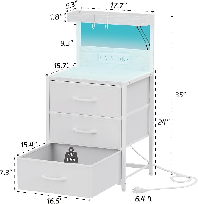 LED Night Stand with Charging Station Set of 2, 3 Fabric Drawer, End Side Table - Image 3