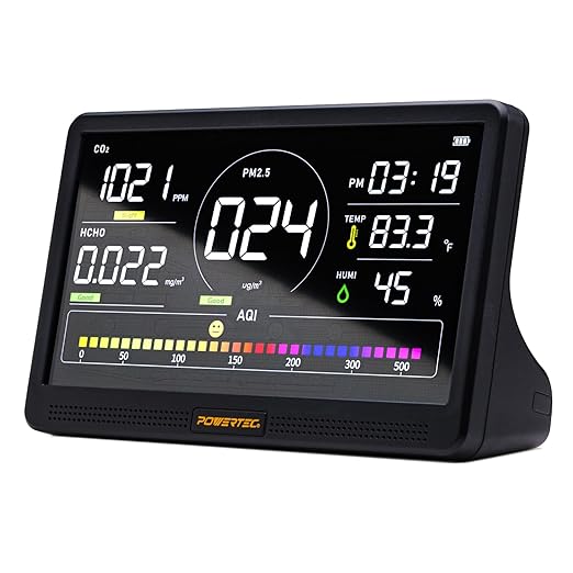POWERTEC AD1001 Air Quality Monitor with 7” LCD Display – Multi-Sensor CO₂, PM2.5, PM10, HCHO, TVOC Detector, NDIR Sensors, Rechargeable Indoor/Workshop Air Monitor