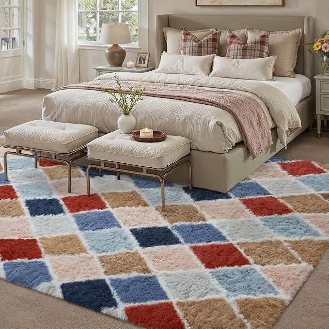 6x9 Checkered Rug for Living Room Rainbow Modern Soft Area Rug Fluffy Non-Slip - Image 4