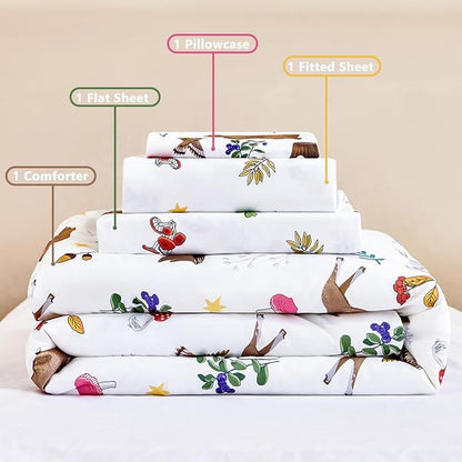 PERFEMET Kids Comforter Sets Twin 4 Pieces Cartoon Woodland Animal Print Bedding for Boys Girls Soft Reversible Bear Deer Forest Theme Children Bedroom Set with Sheets for All Season Use