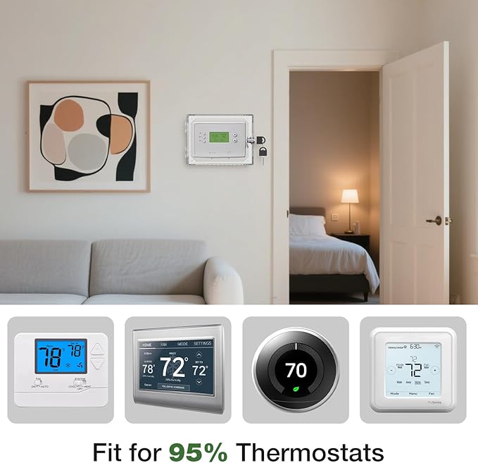 AUURIO 3 PCS Upgraded Thermostat Lock Box with Key, Large Space Thermostat Cover Seamless Anastomosis, Clear Decorative AC Lock Box Cover on Wall Fits Thermostats 4.8" H x 6" W or Smaller