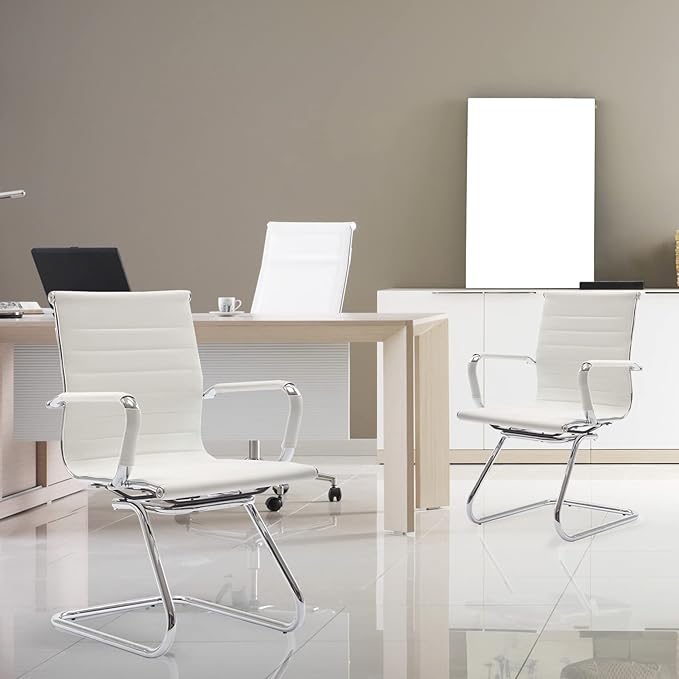 Wahson Office Guest Chairs Set of 6, Leather Reception Chairs, Mid Back Waiting Room Chair, Conference Chairs with Sled Base, Desk Chair No Wheels for Meeting/Lobby/Restroom, White
