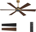 WINGBO 60 Inch Ceiling Fan without Light - 6 Plywood Blades, 6-Speed Reversible DC Motor, Noiseless Remote Control Ceiling Fan No Light for Bedroom Living Room Kitchen, Gold and Walnut/Black