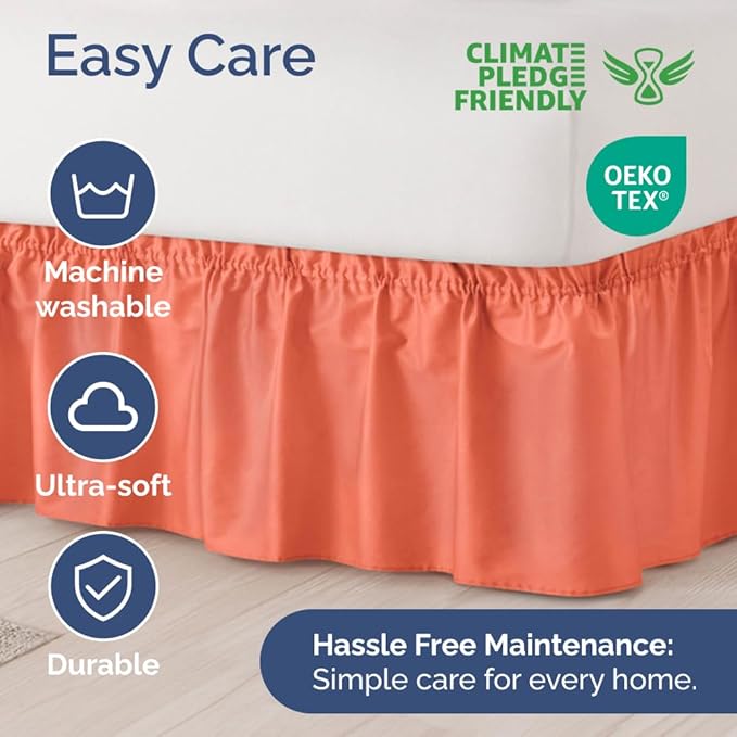 Wrap Around Dust Ruffle Bed Skirt - Coral - for King Size Beds with 12 Inch Drop - Easy Fit Elastic Strap - Adjustable Pleated Bedskirt w/Brushed Fabric - Wrinkle Free - for Women, Men, Kids & Teens