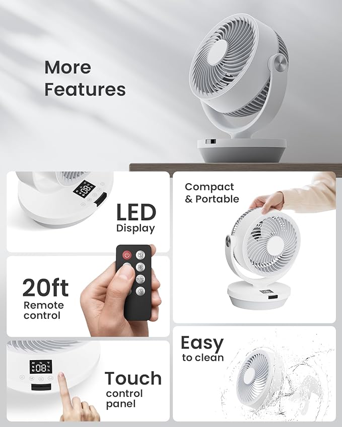 PNTCK Air Circulator Fan for Bedroom, 13" Table Fan with Remote, 90° Oscillating & 120° Tilt, 60ft Strong Airflow, Quiet 25dB Electric Fan with 4 Speeds, 4 Modes & 12H Timer