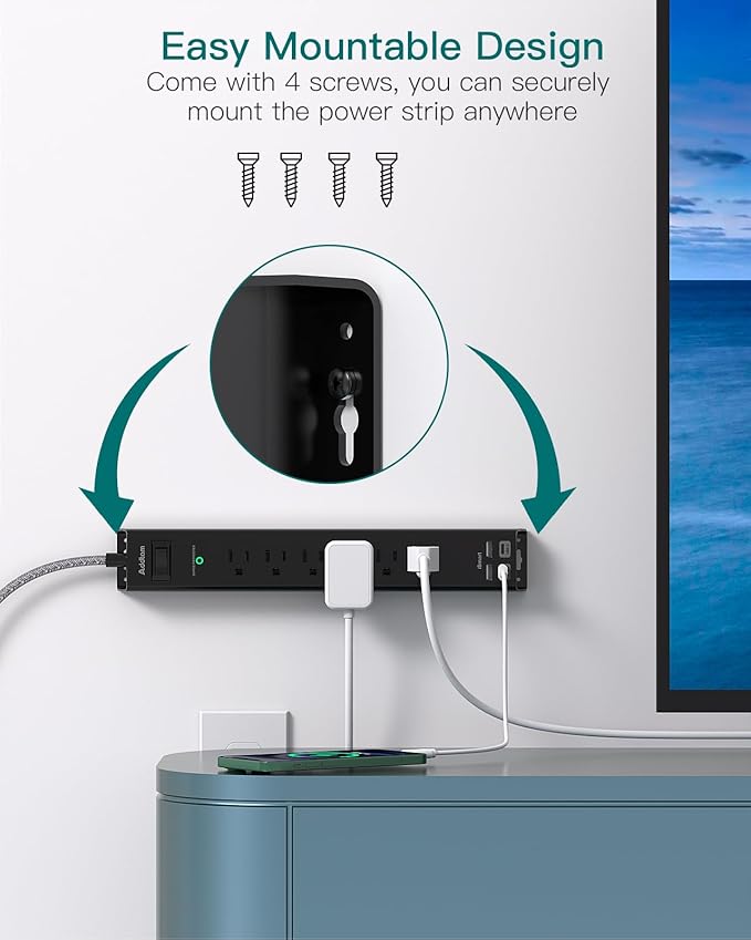 Short Extension Cord 2ft - Addtam Surge Protector Power Strip with 6 AC Outlets 4 USB (2 USB-C Ports), Flat Plug, 900J, Wall Mount, Outlet Extender for Home Office Dorm Room Essentials