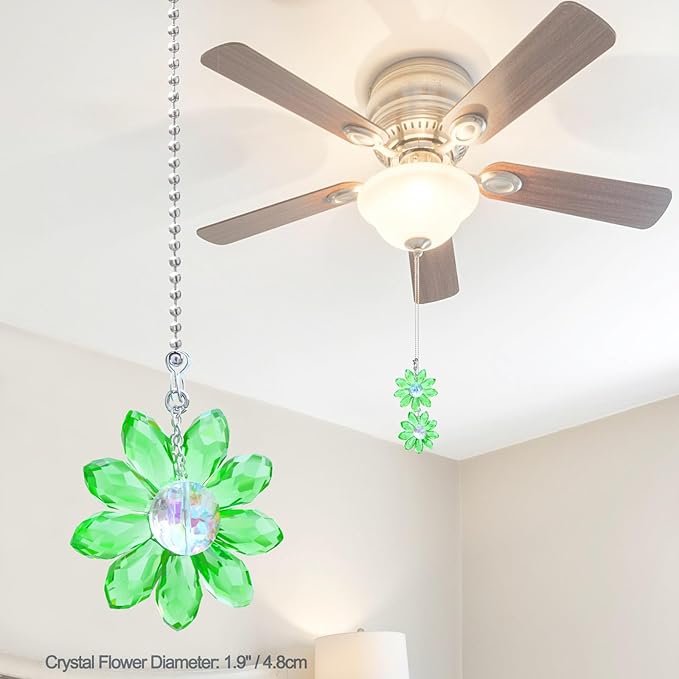 LEFERS Ceiling Fan Pull Chain, 2 Pieces 1.8" Crystal Glass Flower Pendants with 24" Ceiling Fan Chain Extender and Connector (Green)