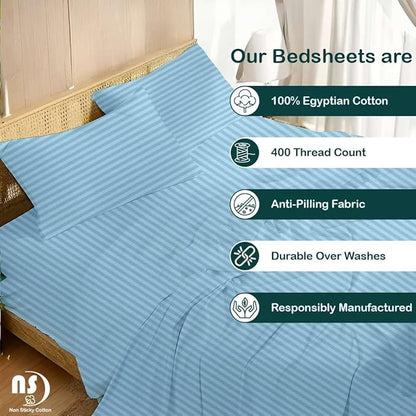 NON Sticky cotton Full Size Sleeper Sofa Sheets, 4 Piece Egyptian Cotton Bed Sheet Set for Sofa Bed, 6" Deep Pocket Fitted Sheet for Pull Out Couch Mattress, 54" x 75", Light Blue Stripe