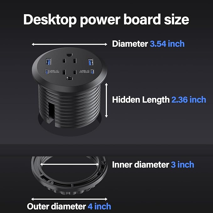 3 inch Desktop Power Grommet USB C,65W Fast Charging Station,Furniture Recessed Power Strip,2 Outlets,4 USB Ports,Flush-Mount for Desktop, Workspace Essential Desk Outlet,2 Pack (Black)