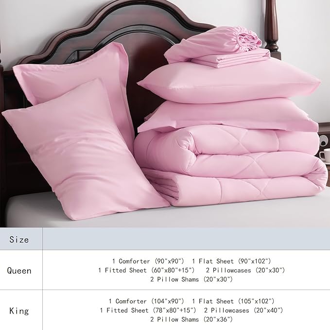NTBAY Queen Comforter Set with Sheets, 7 Pieces Soft and Breathable Queen Bedding Set, Bed in a Bag, Down Alternative Comforter Set Solid Color All Season, Queen Bedding Set, Pink