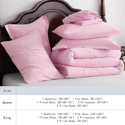 NTBAY Queen Comforter Set with Sheets, 7 Pieces Soft and Breathable Queen Bedding Set, Bed in a Bag, Down Alternative Comforter Set Solid Color All Season, Queen Bedding Set, Pink