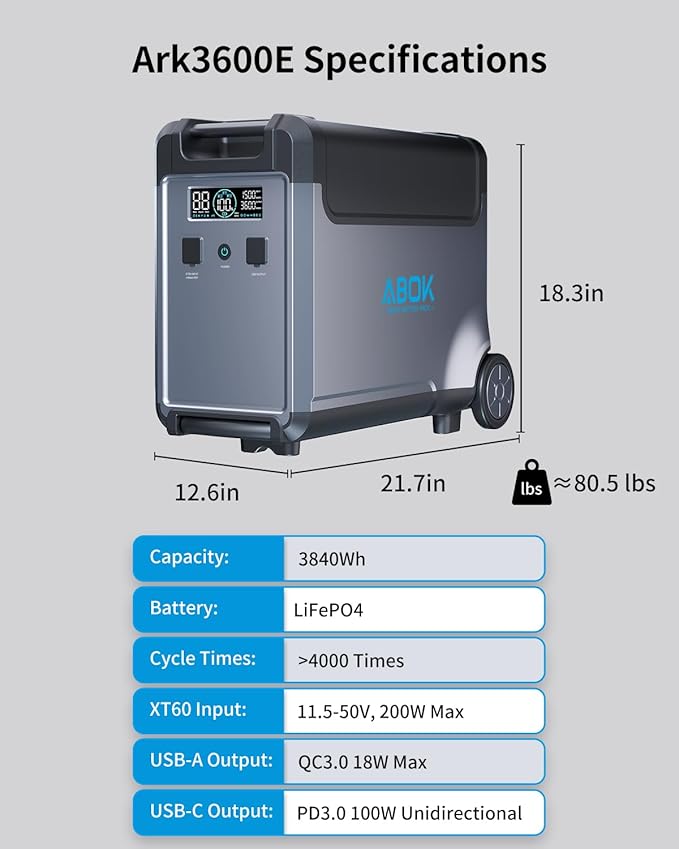 Portable Power Station Extra Battery for Ark3600, 3840Wh LiFePO4 Battery Electric Solar Generator for Garage, Home, Off-Grid Living,Car Refrigerator, Portable Air Conditioner