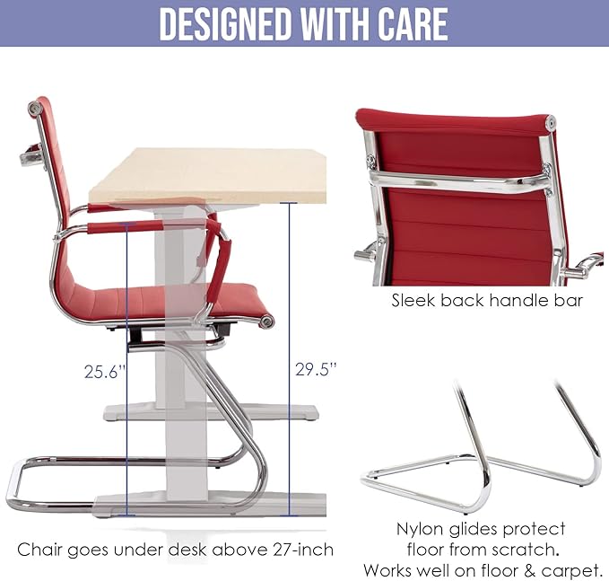 Wahson Office Guest Chairs Set of 4, Leather Reception Chairs, Mid Back Waiting Room Chair, Conference Chairs with Sled Base, Desk Chair No Wheels for Meeting/Lobby/Restroom, Dark Red