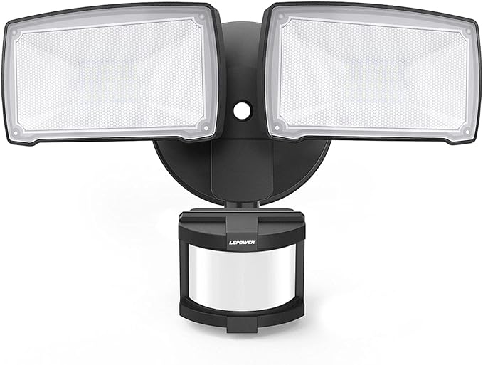 LEPOWER LED Security Lights Motion Sensor Light Outdoor, 30W 3200LM Motion Security Light, 5500K, IP65 Waterproof, 2 Head Motion Detector Flood Light for Garage, Yard, Porch, Black (Not Solar Powered)