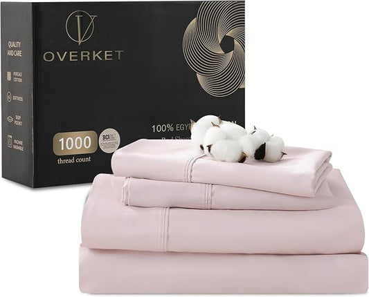 100% Egyptian Cotton Sheets Cal King Sheet Set 1000 Thread Count Sateen Weave Soft Breathable 16-Inch Deep Pocket 4PCS（California King,Light Pink）
