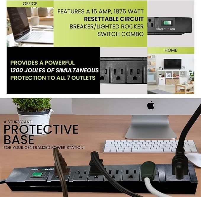 GoGreen Power Inc. (G-17636BK-2) 7 Outlet Surge Protector, 6FT Cord, Black, 2 Pack