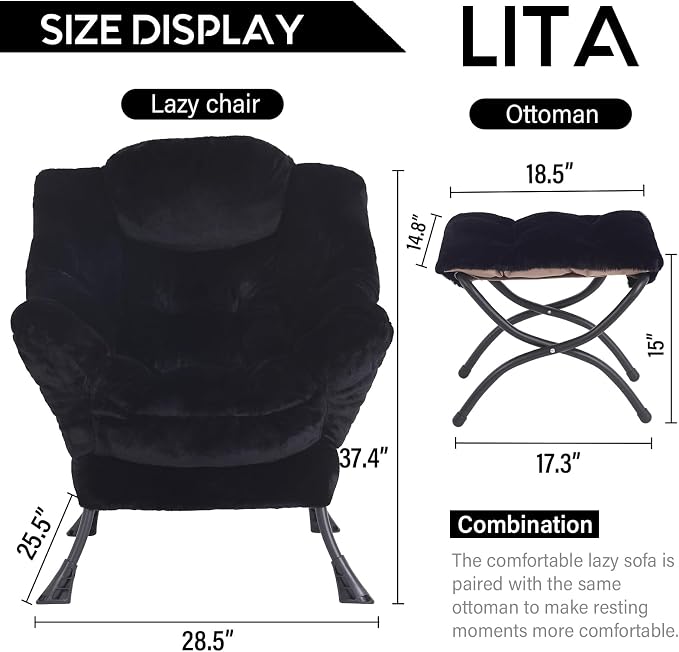 Lazy Chair with Ottoman, Comfy Accent Reading Chair, Plush Black | Foldable - Image 3