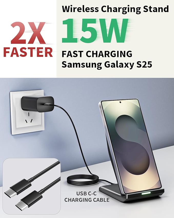 Wireless Charger Stand, 15W Fast Phone Wireless Charging Stand Station with 20W USB C Brick for Samsung W26/S25 Ultra/S24+/S23/S22+/S21, iPhone Air/17 Pro Max/16/15/14/13/12 with Sleep-Friendly Light