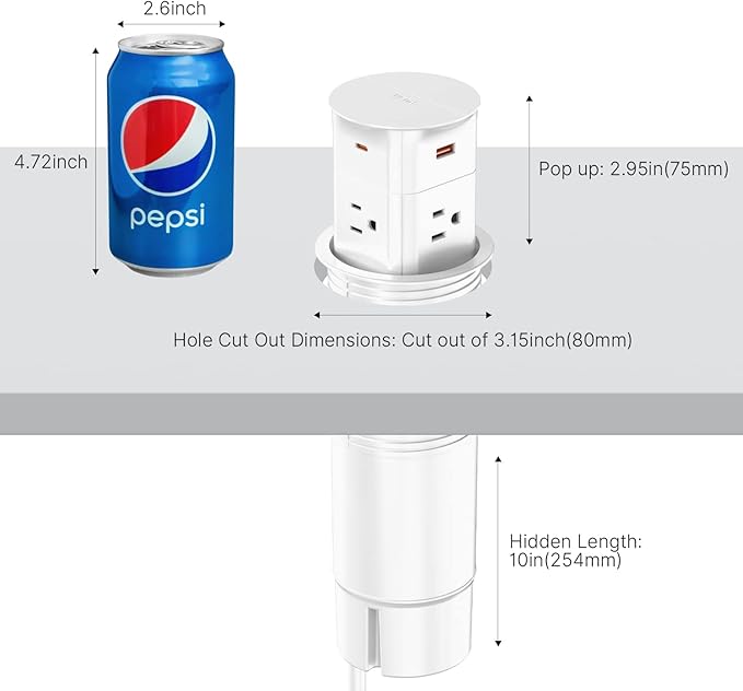 Pop Up Outlet for Countertop,Recessed Power Strip,Power Grommet 3.15 inch Desk Hole Insert,20W USB C,2 Outlets,2 USB C/2 USB A, Table Outlet,Desk Charging Station (White, 3FT)