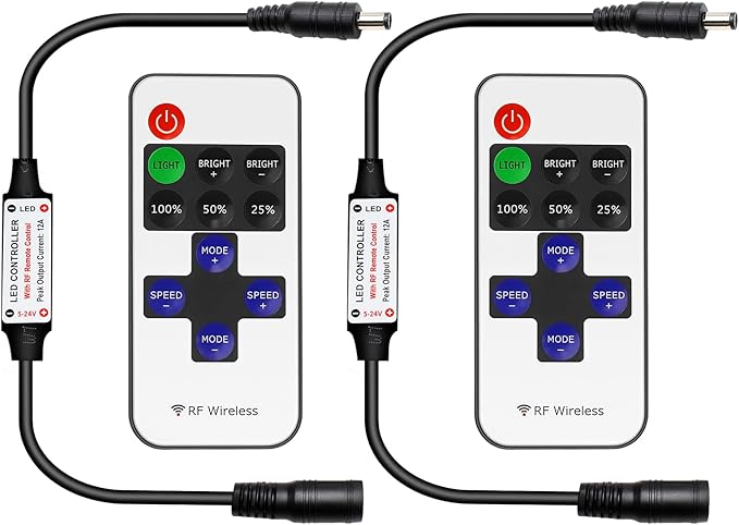 RF Mini Wireless Remote Controller for Single Color 3528 5050 LED Strip Lights, Wireless Remote Control with DC Connector, RF Dimmer for 12V DC LED Ribbon, Shelf Lights（2 Park）
